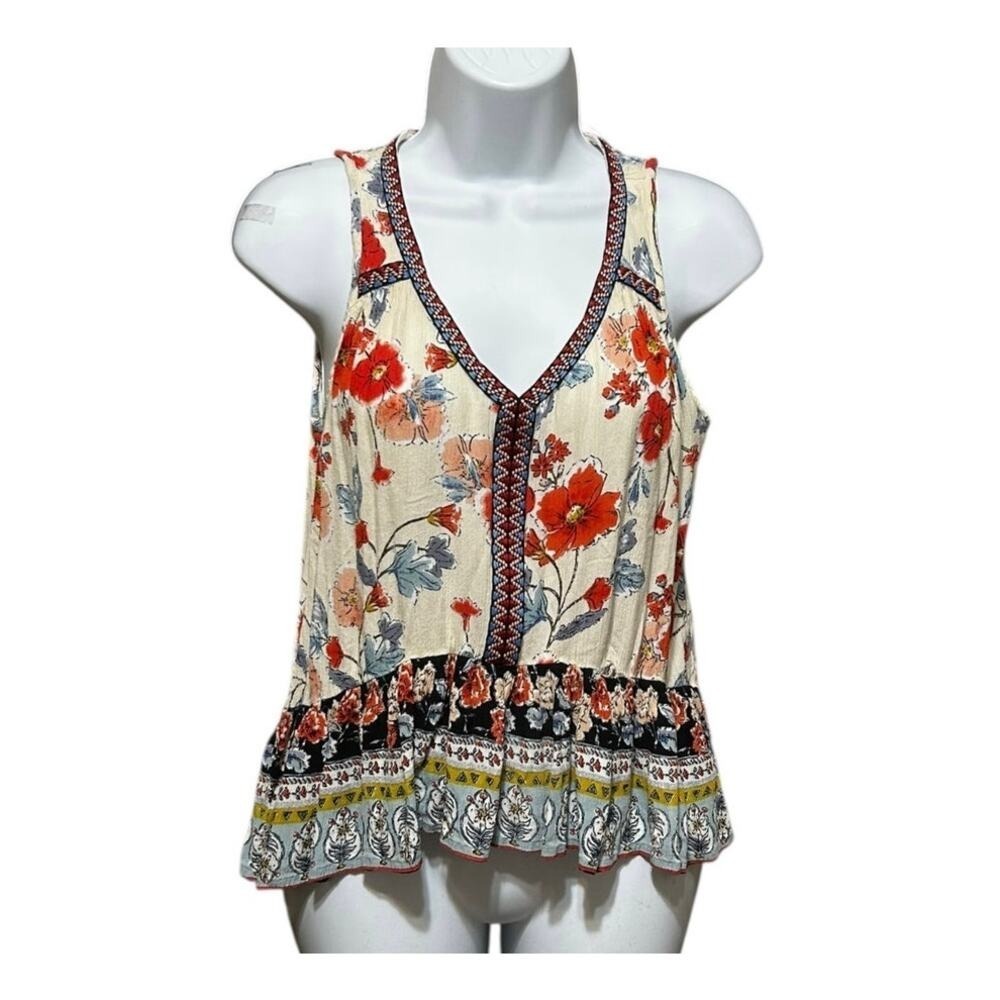 Patrons Of Peace Womens Tank Top XS Floral Boho Peplum Rayon Festival Blouse